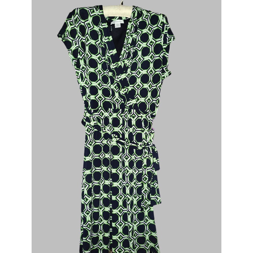 Liz Claiborne Black & Green Wrap Midi Dress with Belt Tie - size L - Picture 2 of 5